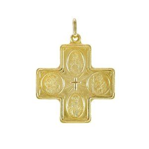 25mm Four Way Religious Cross Medal Pendant 14K Yellow Gold Necklace